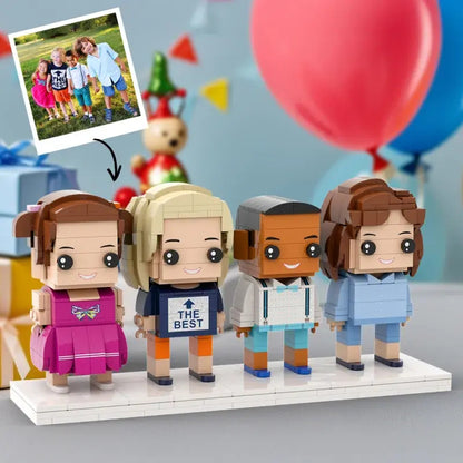 Personalised full‑body 4‑person custom brick figures made from ABS small‑particle blocks, showing customised hairstyles, expressions and outfits — unique keepsake