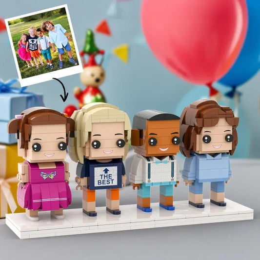 Personalised full‑body 4‑person custom brick figures made from ABS small‑particle blocks, showing customised hairstyles, expressions and outfits — unique keepsake
