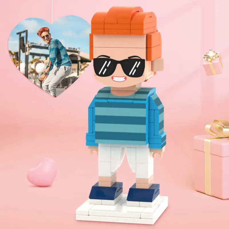 Side view of a Full-Body Personalised Brick Figure (one-person) highlighting clothing detail and conventional accessories crafted in small particle blocks