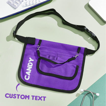 Open layout showing multi-pocket organiser for bandages, cotton swabs and wipes — practical personalised nurse waist bag