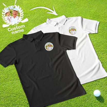 Personalised men's golf polo (white) with custom name and photo on chest, 100% polyester, breathable moisture-wicking fabric