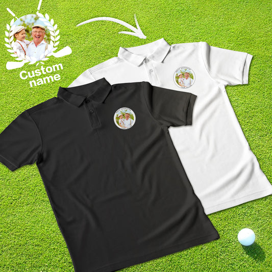 Personalised men's golf polo (white) with custom name and photo on chest, 100% polyester, breathable moisture-wicking fabric