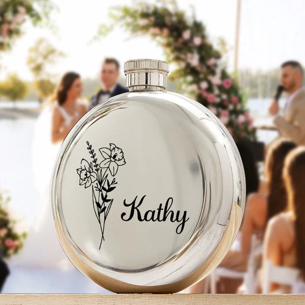 Personalised Name Flask with Birth Flower - Custom Bridesmaid Gift