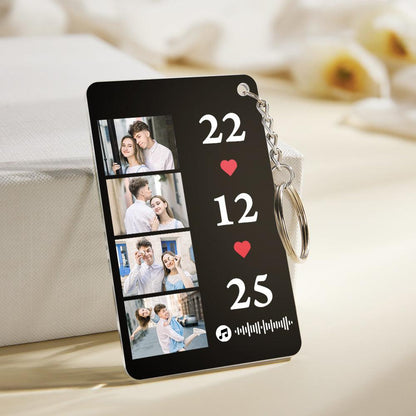 Assorted personalised scannable music plaques and matching keychains displayed – custom music photo gift collection
