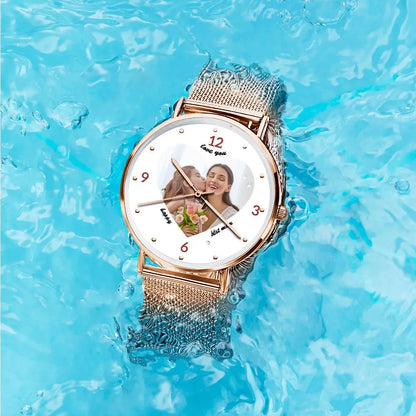 Side profile of 36mm rose gold personalised watch revealing detailed laser engraving and slim bracelet design — engraved gift for mum and anniversaries