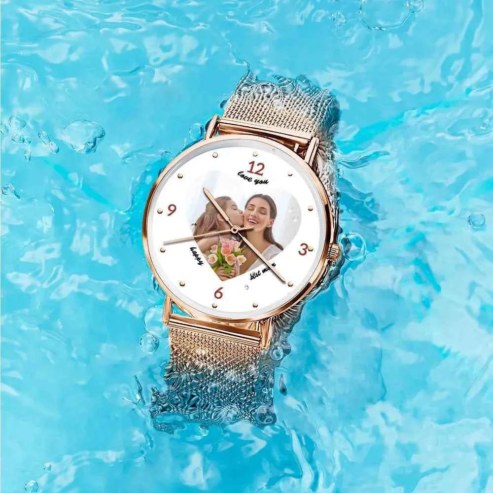 Engraved Rose Gold Alloy Bracelet Photo Watch 36mm Gifts for Mom