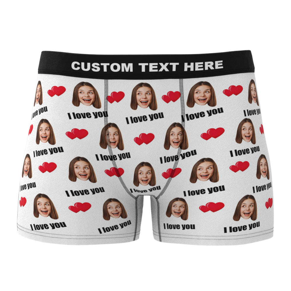 Close-up of personalised men's boxer shorts showing custom photo waistband and clear heat-transfer print – perfect personalised gift