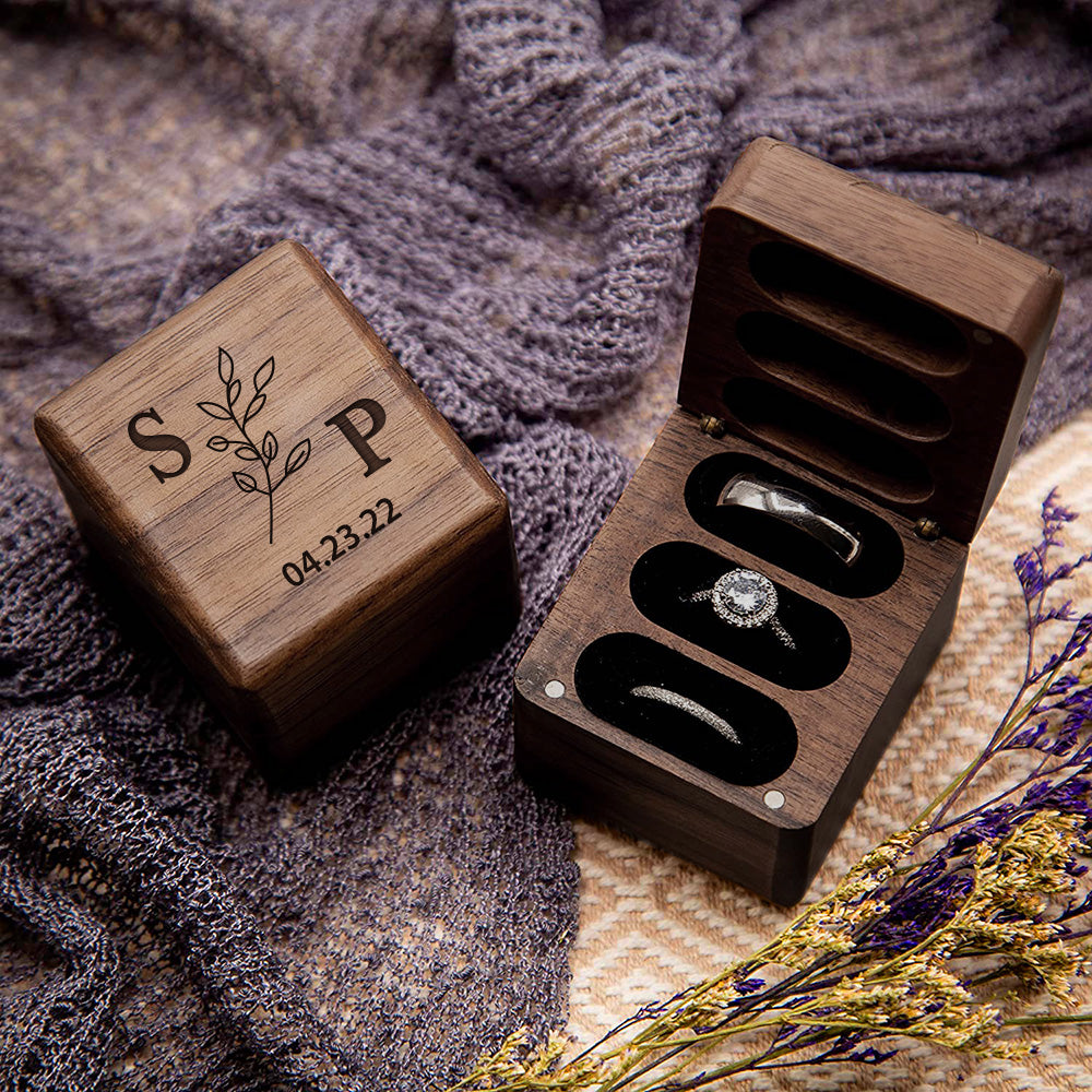 Personalised Triple Slot Wooden Ring Box - Engraved Name & Date