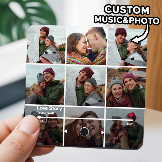 Personalised photo music fridge magnet — acrylic album-style front with custom photo; plays your song when the fridge door opens