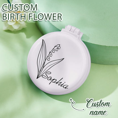 Personalised Foldable Mirror with Hair Brushes | Mini Birth Flower Cushion Mirror Comb Gift