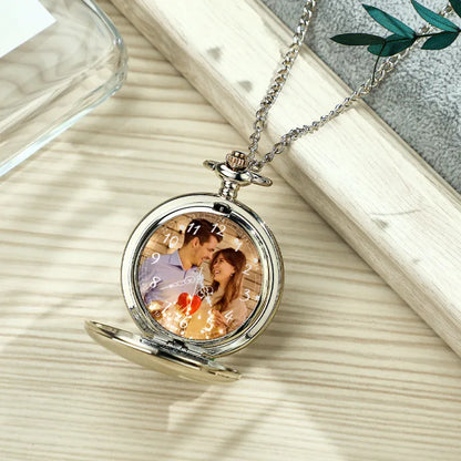 Personalised pocket watch laid flat to show durable alloy finish and 77 cm chain – ideal personalised watch gift for birthdays