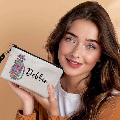 Canvas custom name makeup pouch flat-lay — durable personalised golf make-up bag for organising cosmetics and small accessories
