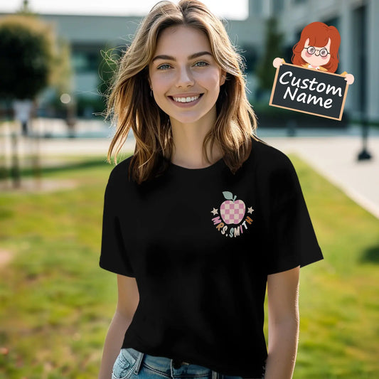 Front view of personalised 'In My Teacher Era' T‑Shirt with custom name – black polyester teacher tee, ideal back-to-school gift