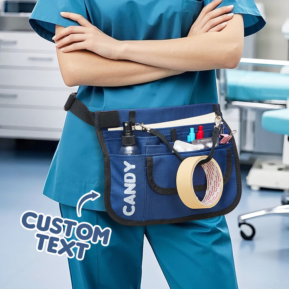 Personalised nurse fanny pack front view showing name print, multiple pockets and adjustable strap — nurse organiser bag for medical staff