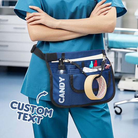 Personalised nurse fanny pack front view showing name print, multiple pockets and adjustable strap — nurse organiser bag for medical staff