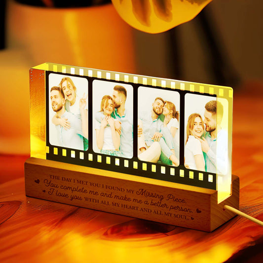 Close-up of the personalised photo night light, featuring a photo with warm film-style illumination.