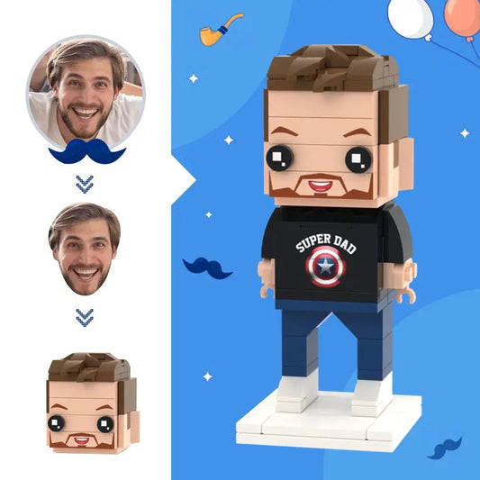 Personalised Father's Day mini brick figure front view with custom head — Super Dad personalised photo gift