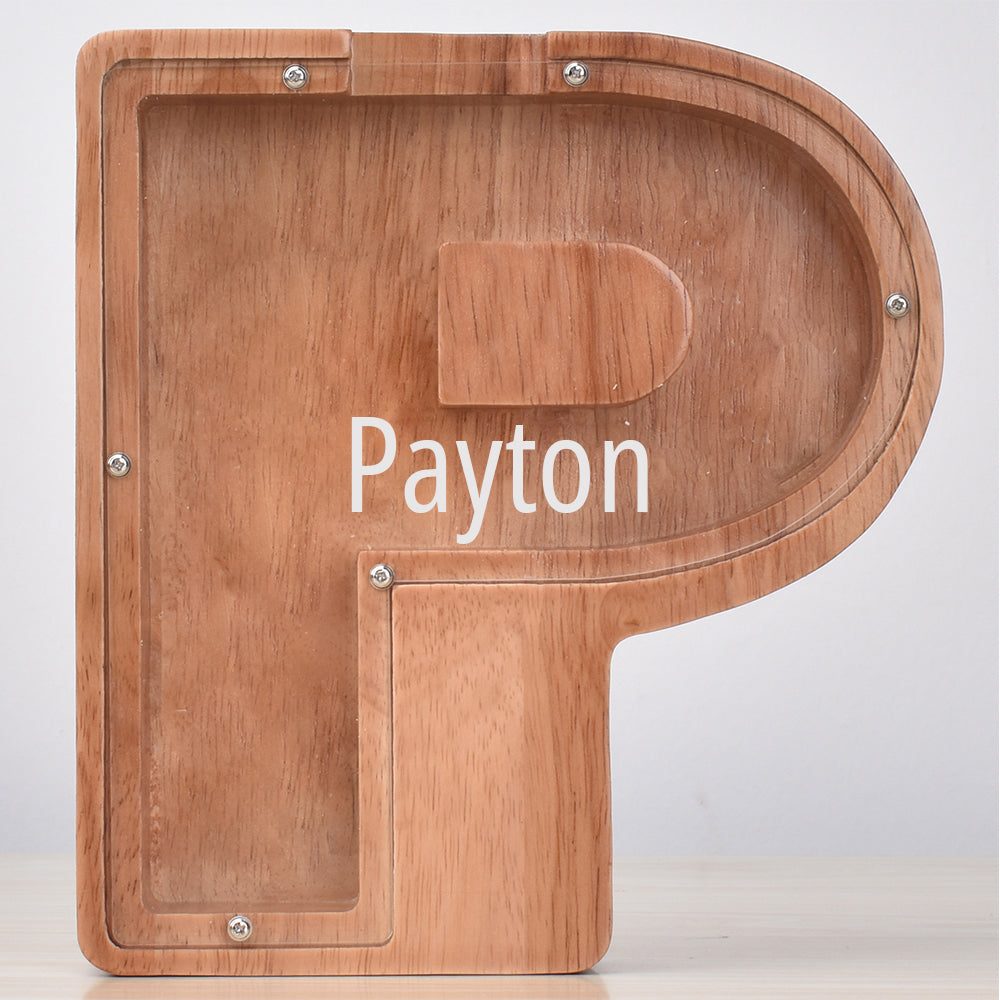 Personalised Oak Wooden Letter Money Box with Engraved Name | Handcrafted Piggy Bank