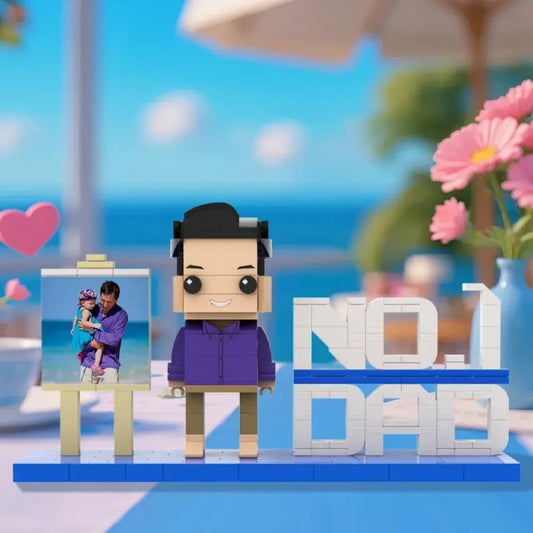 Front view of a customisable full-body building block figure personalised to resemble Dad, showing detailed hairstyle, facial expression and clothing texture — ideal personalised Father’s Day gift
