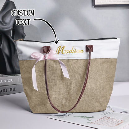 Personalised bridesmaid canvas tote bag with long handles and ribbon accent, printed name keepsake for the wedding party