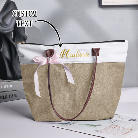 Personalised bridesmaid canvas tote bag with long handles and ribbon accent, printed name keepsake for the wedding party