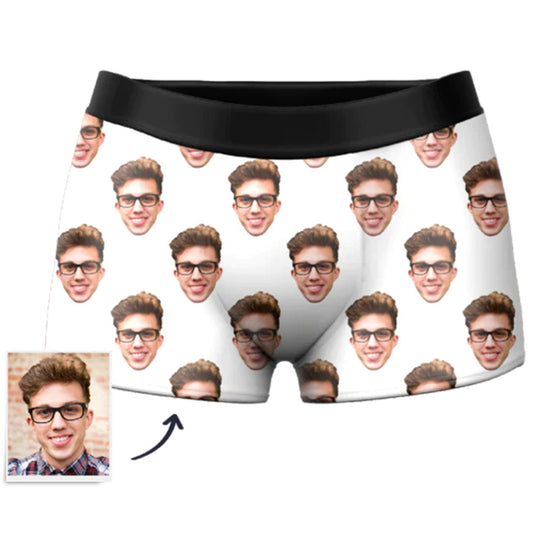 Personalised Face Boxer Shorts front view — custom photo men's underwear with vibrant full‑wrap print and elastic waistband