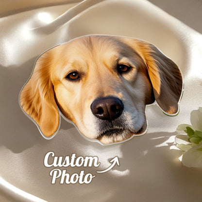 Close-up of customised photo on clear acrylic 3in button charm showing crisp print quality for a personalised keepsake