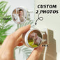 Square LED photo magnet close-up on a fridge door highlighting scratch-resistant plastic casing — durable personalised fridge magnet