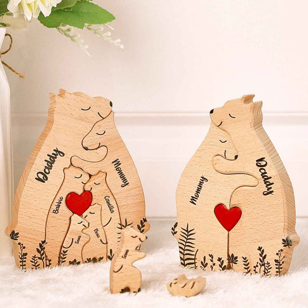 Custom Name Wooden Heart Bear Puzzle – Personalized Family Gift