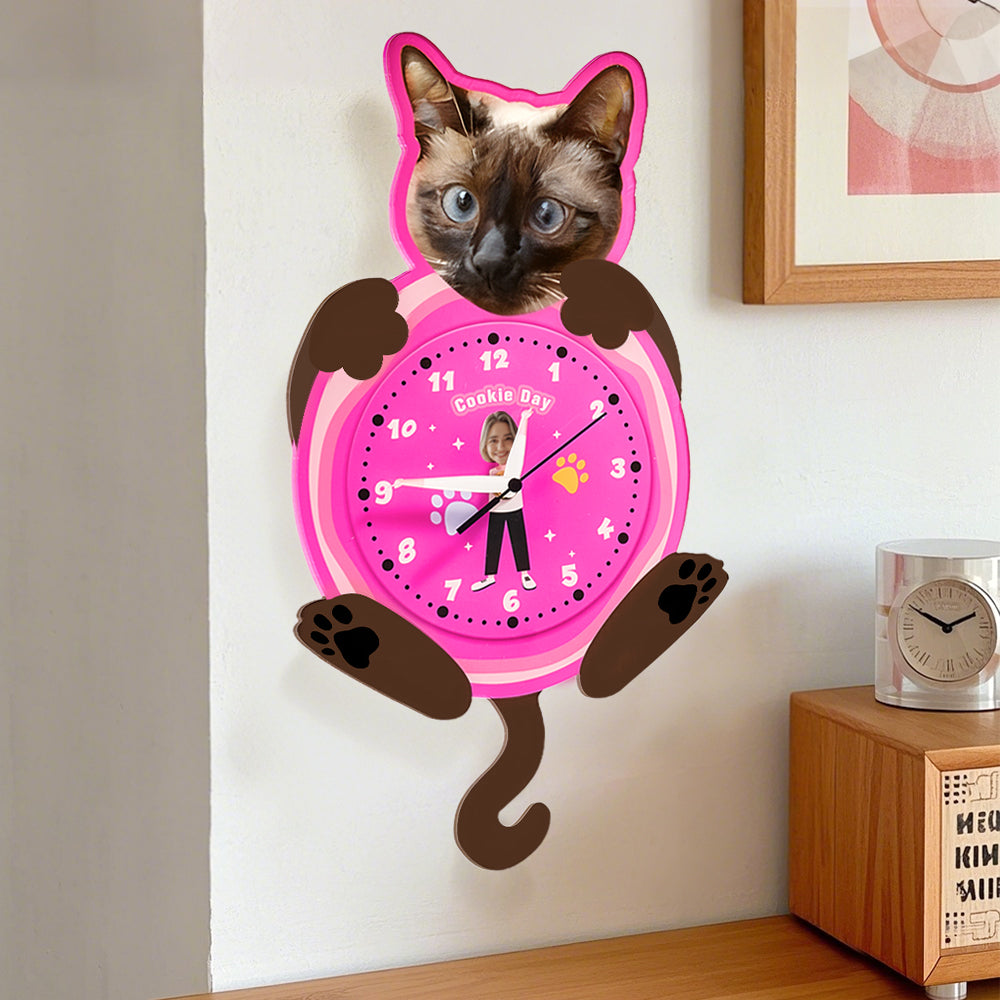 Close-up of personalised wall clock face and metal hands with vivid custom photos printed on museum-grade acrylic