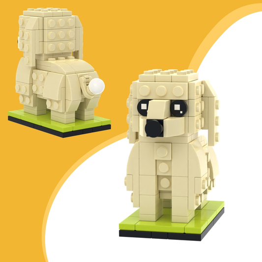 Full-body custom Giant Poodle brick figure made from small-particle blocks, front view — personalised photo-to-bricks pet sculpture and gift for Poodle lovers