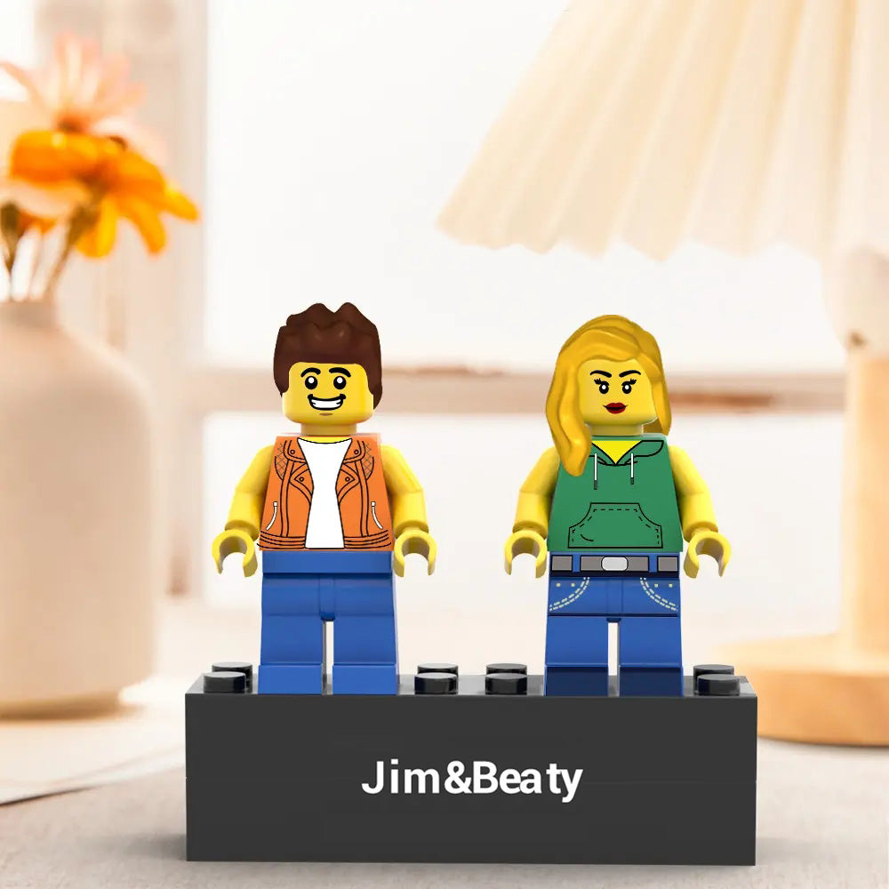 Personalised Couple Minifig pair on engraved base in a fitted display box – custom Valentine's gift and engraved keepsake