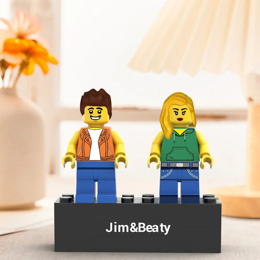 Personalised Couple Minifig pair on engraved base in a fitted display box – custom Valentine's gift and engraved keepsake