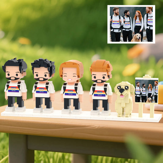 Personalised brick-style figures — framed custom full-body family of four plus dog, handcrafted from eco-friendly ABS; ideal anniversary & birthday gift