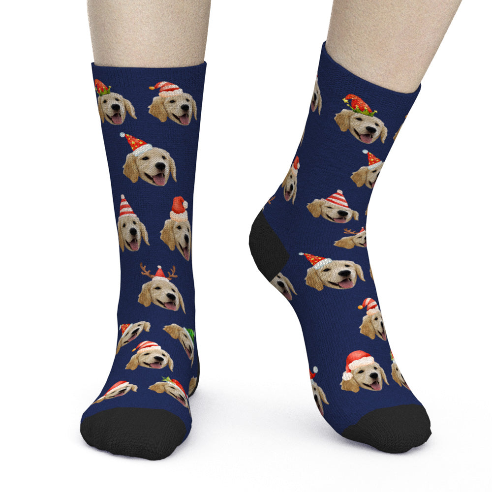 Person wearing personalised pet face socks — custom pet face socks styled with a festive outfit, perfect personalised Christmas present