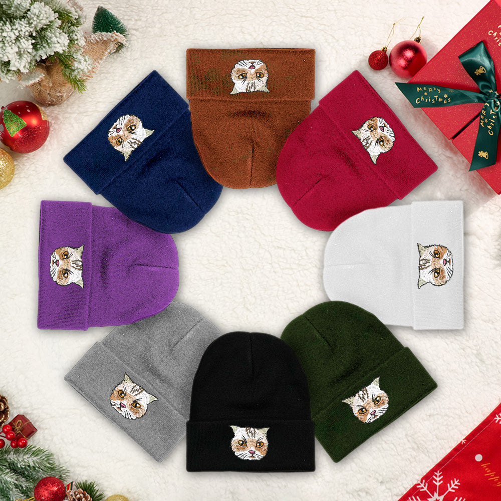 Close-up of personalised embroidery on pet beanie highlighting detailed stitched portrait and premium acrylic fibres