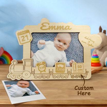 Personalised wooden baby photo frame with baby photo name and engraved birth details newborn keepsake for nursery