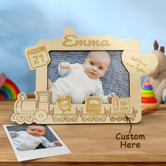 Personalised wooden baby photo frame with baby photo name and engraved birth details newborn keepsake for nursery