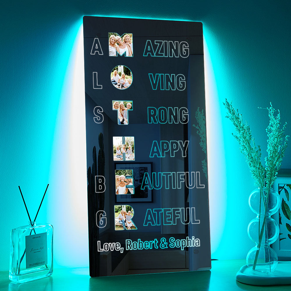 Size comparison of 150×300, 200×400 and 250×500 personalised mirror lights — ideal Mother's Day keepsake