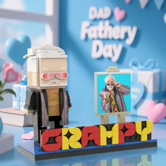 Personalised full-body Grampy brick figure made from your photo — custom Father's Day gift capturing dad's hair, smile and favourite shirt