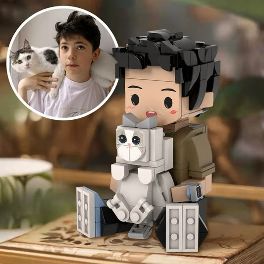 Personalised sitting brick figure (front view) created from your photo — custom mini block toy keepsake in durable ABS