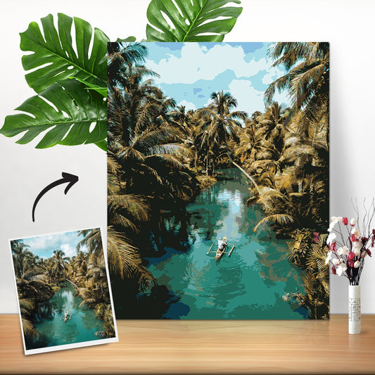 Personalised Photo Paint by Number Kit 50x60cm — finished custom photo canvas on easel, gallery-style personalised art ideal for weddings and anniversaries