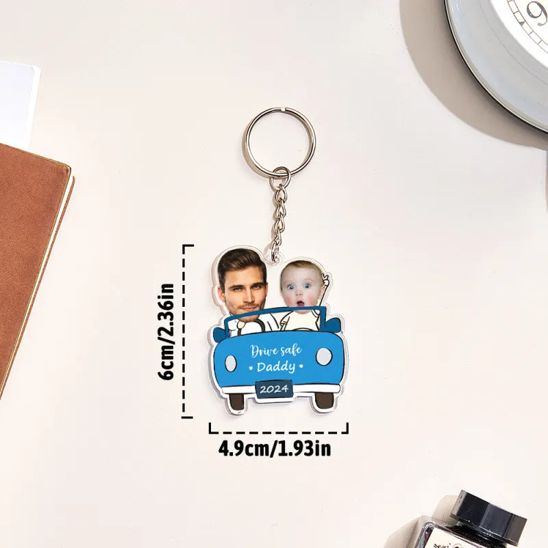 Close-up of acrylic finish and colour choices for personalised Drive Safe keychain — lightweight, durable personalised keyring