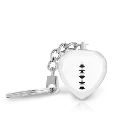 Personalised engraved heart music crystal keyring with scannable song code — clear crystal heart and alloy key ring, ideal personalised music gift
