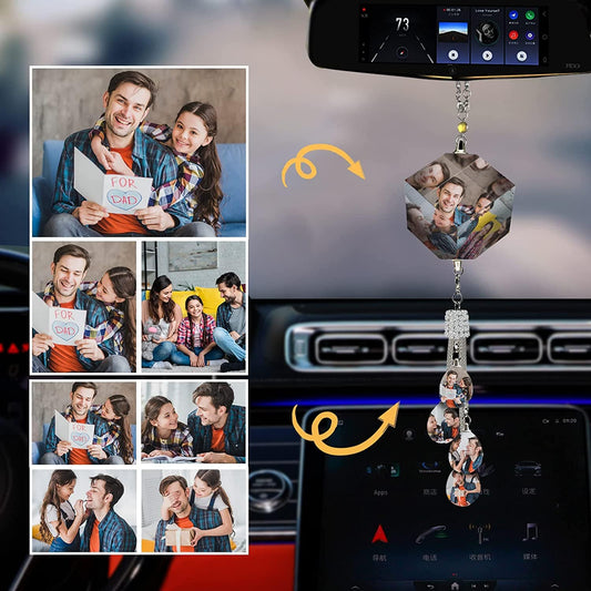 Close-up of the personalised car pendant photo ornament highlighting the crystal centre cube and teardrop acrylic pendant.