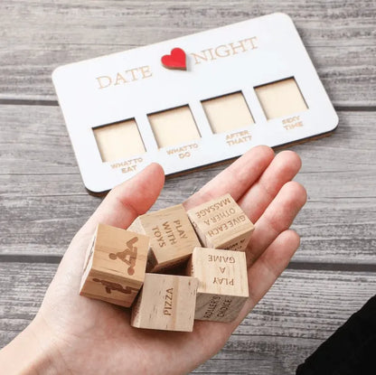 Wooden Naughty Couple Dice set on a wooden plate with drawstring pouch – portable date night dice game for couples, playful gifts for couple and romantic evenings