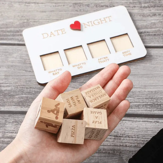 Wooden Naughty Couple Dice set on a wooden plate with drawstring pouch – portable date night dice game for couples, playful gifts for couple and romantic evenings