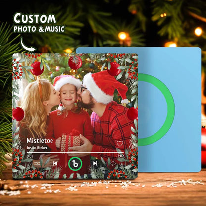 Detail image highlighting the waterproof, durable acrylic finish and frameless design of the personalised photo music magnet