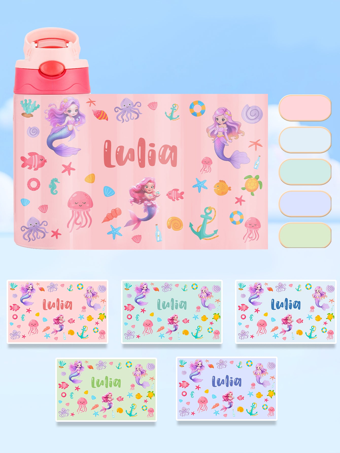 Personalised Mermaid Name Stainless Steel Water Bottle - Children's Day Gift UK