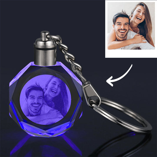 Personalised photo octagon crystal keyring with laser-engraved couple photo — elegant personalised couples gift